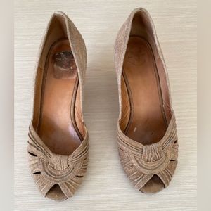 Vintage Frye suede peep toe heels